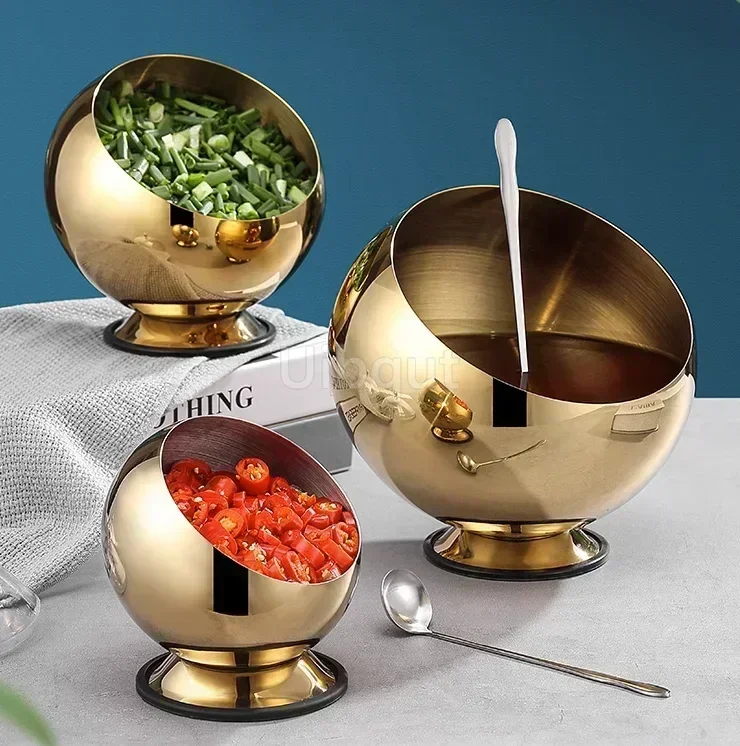 Schräge Soßenschüssel aus Edelstahl mit Deckel, kugelförmige Schüssel, Hot Pot, Buffet, Gewürzkorb, Schüssel, Glas, Teller, Behälter, Salat Image