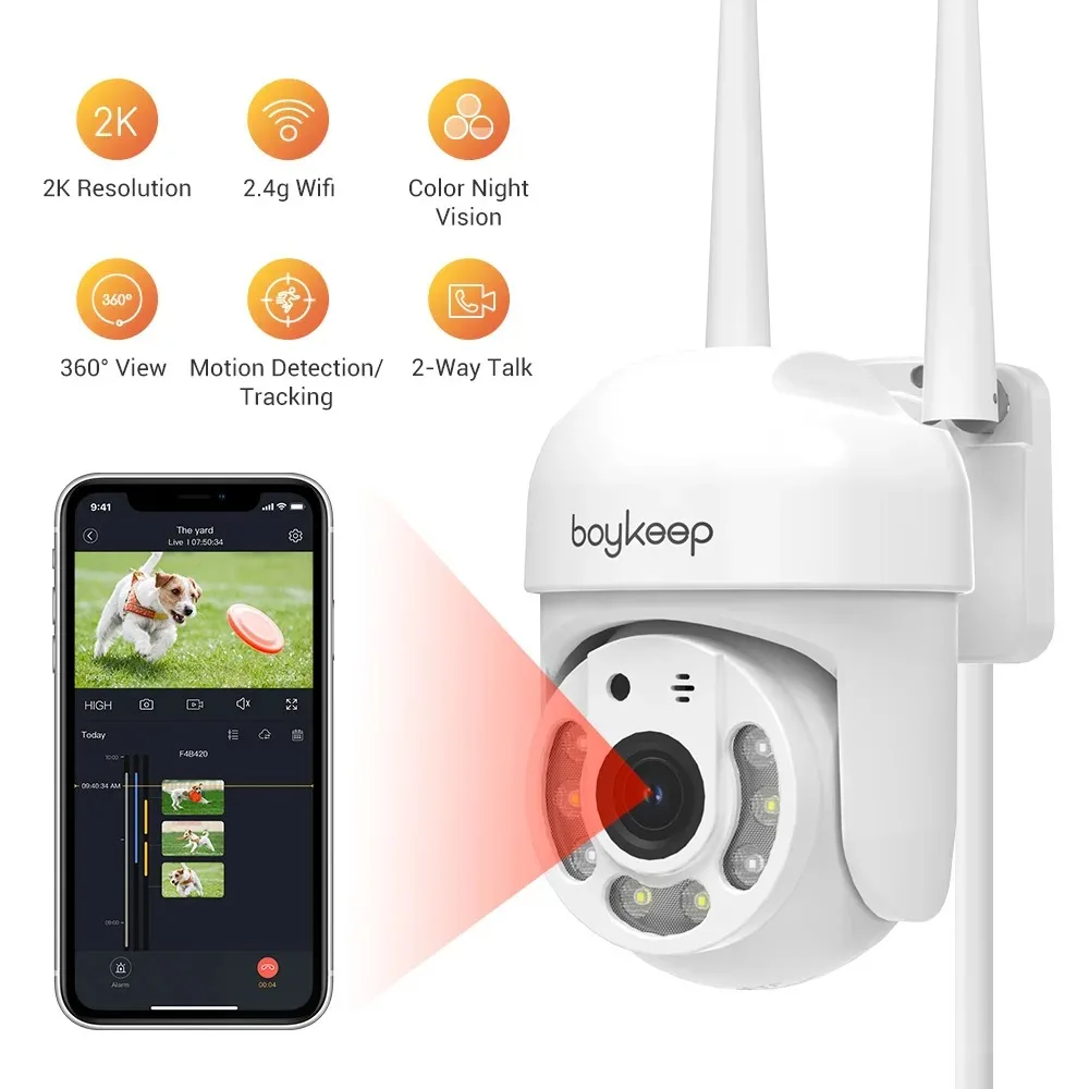 Boykeep 2K Wifi Outdoor Home Security Kamera, 360° ° Anzeige einer Schwenk-/Neigekamera außerhalb, Farbnachtsicht, Bewegungserkennung/Tracking Image