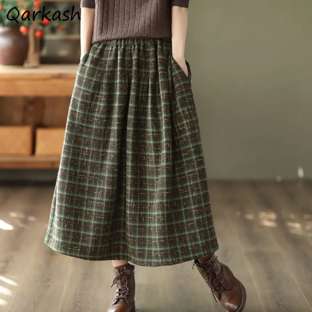 Vintage Plaid Midi Röcke Frauen Baggy Neue Hohe Taille A-line Dicker Französisch Stil Taschen Mujer Ulzzang Böden Mode Elegante Image