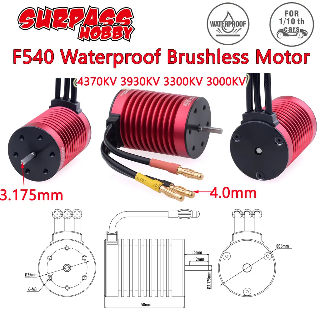 Surpass Hobby KK Wasserdichter bürstenloser Motor F540 3000KV 3300KV 3930KV 4370KV 3,175 mm Welle für 1:10 RC Tamiya Axial Redcat Auto