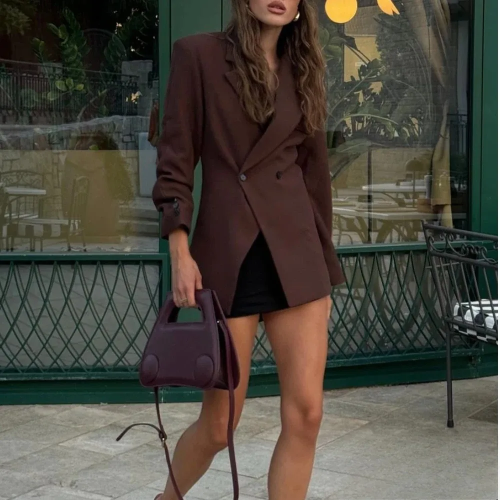 KONDALA Büro Dame Braun Slim Blazer Frauen V Nwck Langarm Blazer Mode 2025, Herbst Winter Straße Blazer Taschen Outwear Image