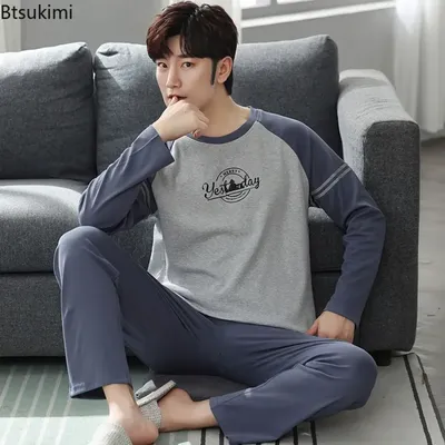 2023 frühjahr Neue männer Langarm Hosen Nachtwäsche Sets Mode Patchwork Komfort Baumwolle Homewear Männer Lounge Pyjama Zwei Stücke Image