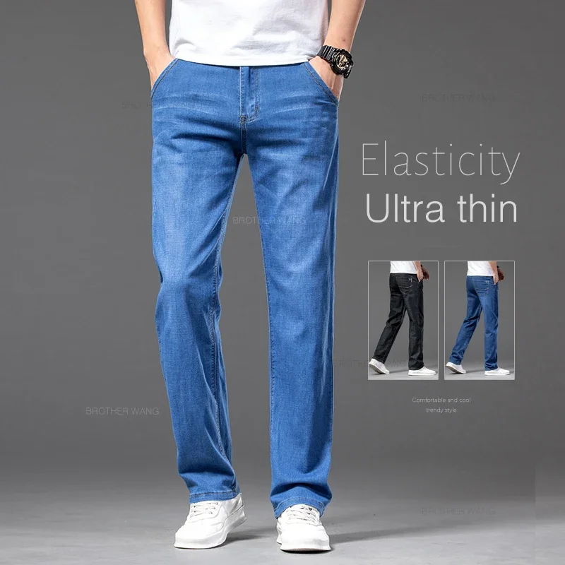 Männer Stretch Gerade Jeans Sommer Dünne Business Casual Lose Große Größe Denim Hosen Marke Hosen Klassisch Schwarz Blau