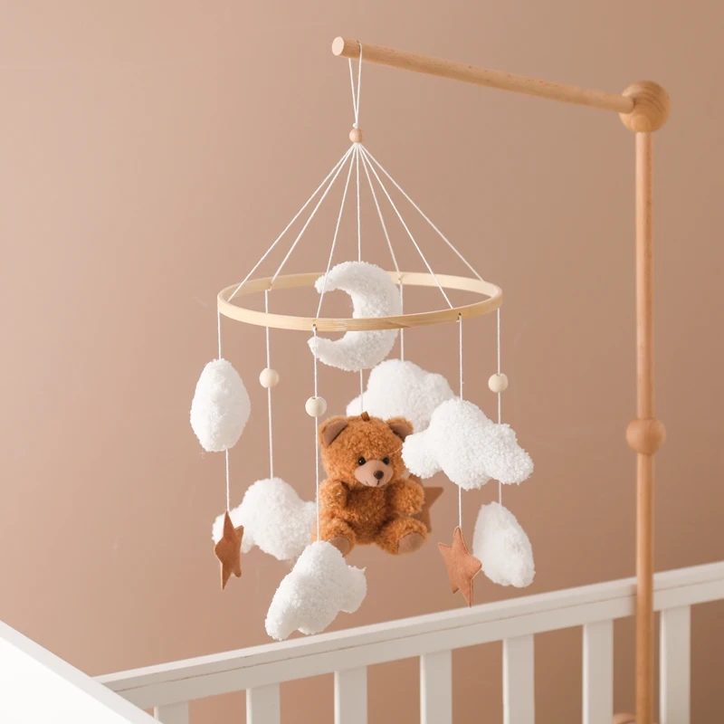 Holz Krippe Mobile Baby Bett Glocke Rassel Spielzeug Weiche Filz Cartoon Bär Mobile Hängen Neugeborenen Spieluhr Bett Glocke Hängen Halterung Spielzeug Image