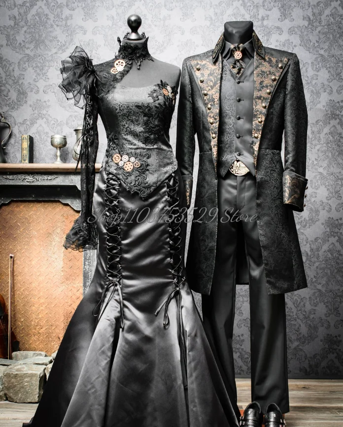 Mittelalterliches schwarzes Gothic-Hochzeitskleid, klassisches Gothic-Steampunk-gesticktes, appliziertes A-Linien-Fischschwanz-Rüschen, individuell gestaltet