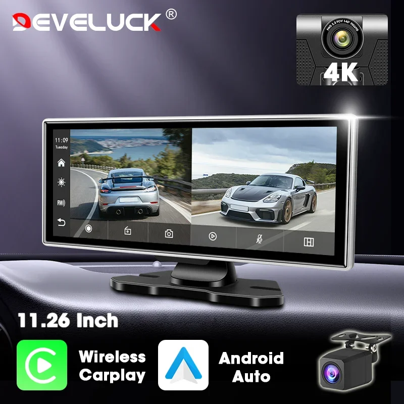 11,26 "Auto DVR 4K Kamera Drahtlose Carplay Android Auto Ai Bildschirm Dash Cam Dual Len Video Recorder GPS Navi Dashboard HD Monitor Image