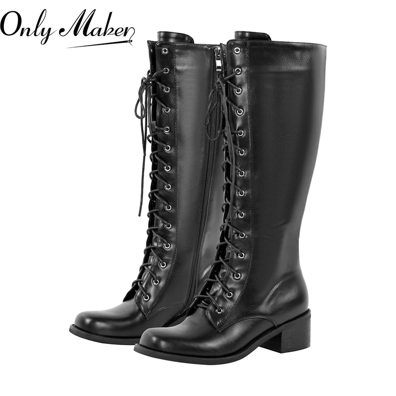 Nurly maker Frauen kniehohe Stiefel runde Zehen schwarz matt Gothic Heeled prägnante Seite Reiß verschluss Winter schnüren Motorrads tiefel