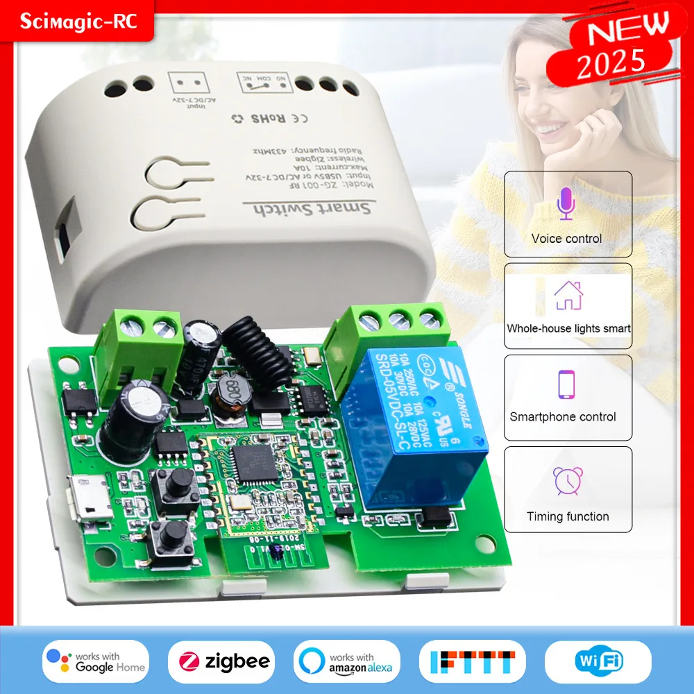 Zigbee smart switch relais 7-32v 85-250v 433mhz rf modul tuya smart life app steuerung mit alexa google smart things ewelink hub Image