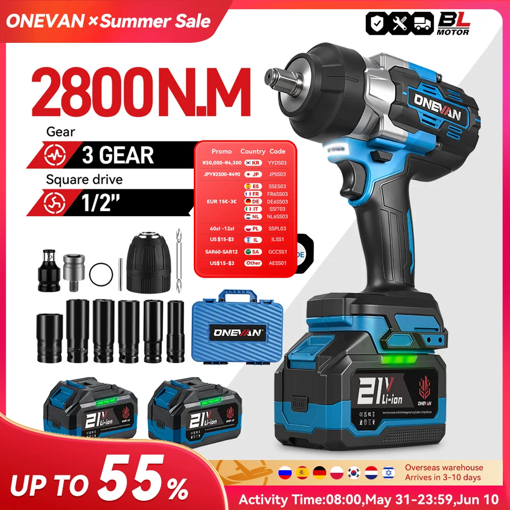 ONEVAN 2800N.M Bürstenloser elektrischer Schlagschrauber 1/2 Zoll Akku-Drehmomentschlüssel Schraubendreher Elektrowerkzeug für Makita 18V Batterie Pin Image