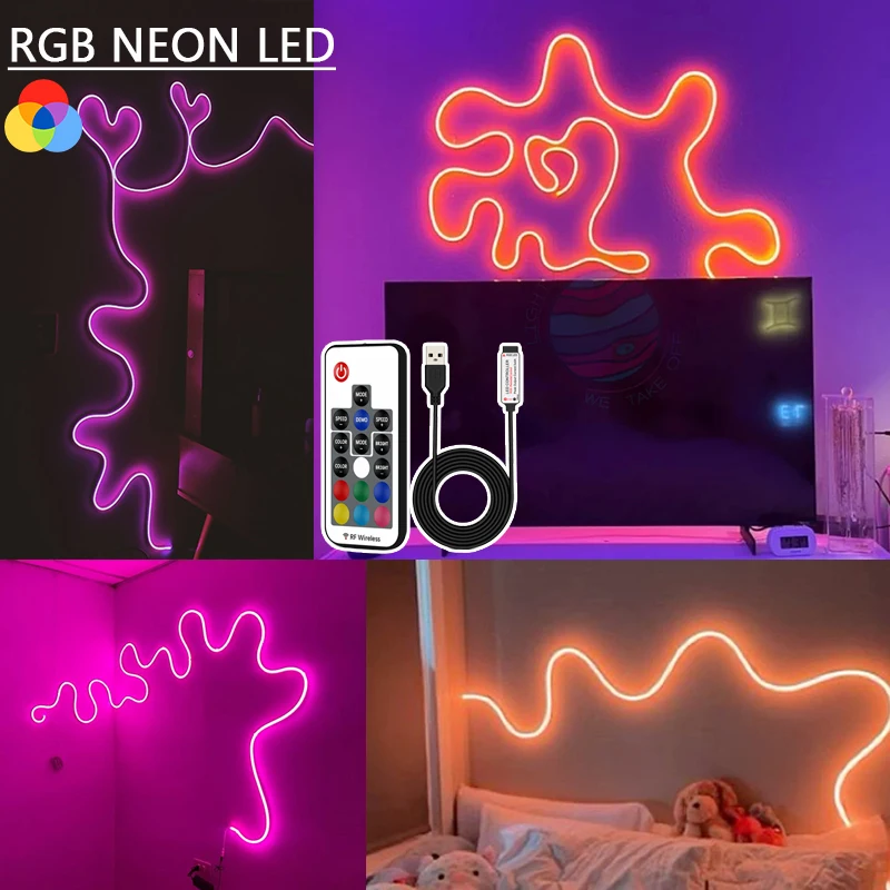 USB-Neon-Lichterkette, Steuerung von LED-Lichterketten mit RF-Fernbedienung, RGB-LED-Neonlichter, Gaming-LED-Neonlichtstreifen für Schlafzimmer