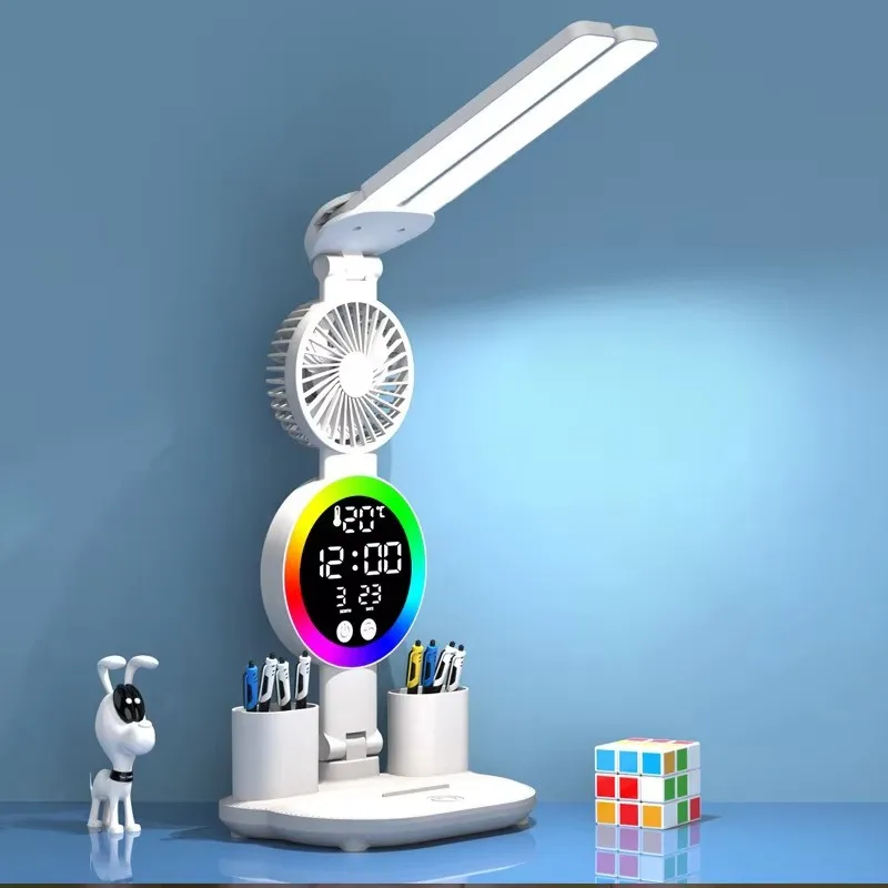 LED-Uhr-Tischlampe mit Ventilator, wiederaufladbar über USB, Touch-Leuchten, 2 Köpfe, 180 drehbar, faltbar, Augenschutz, Desktop-Lesetischleuchten
