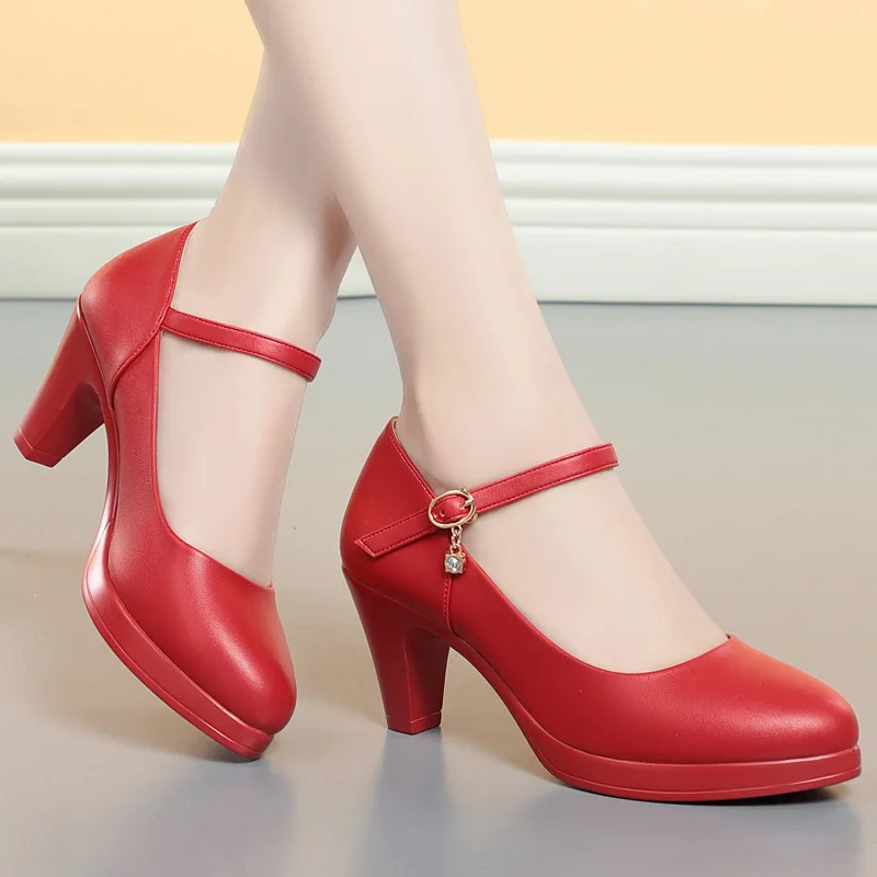 6.5cm Breathable Fashion Soft Leather Silver Red Wedding Shoes Woman Med Block Heels 2026 Platform Pumps Women for Office Mom