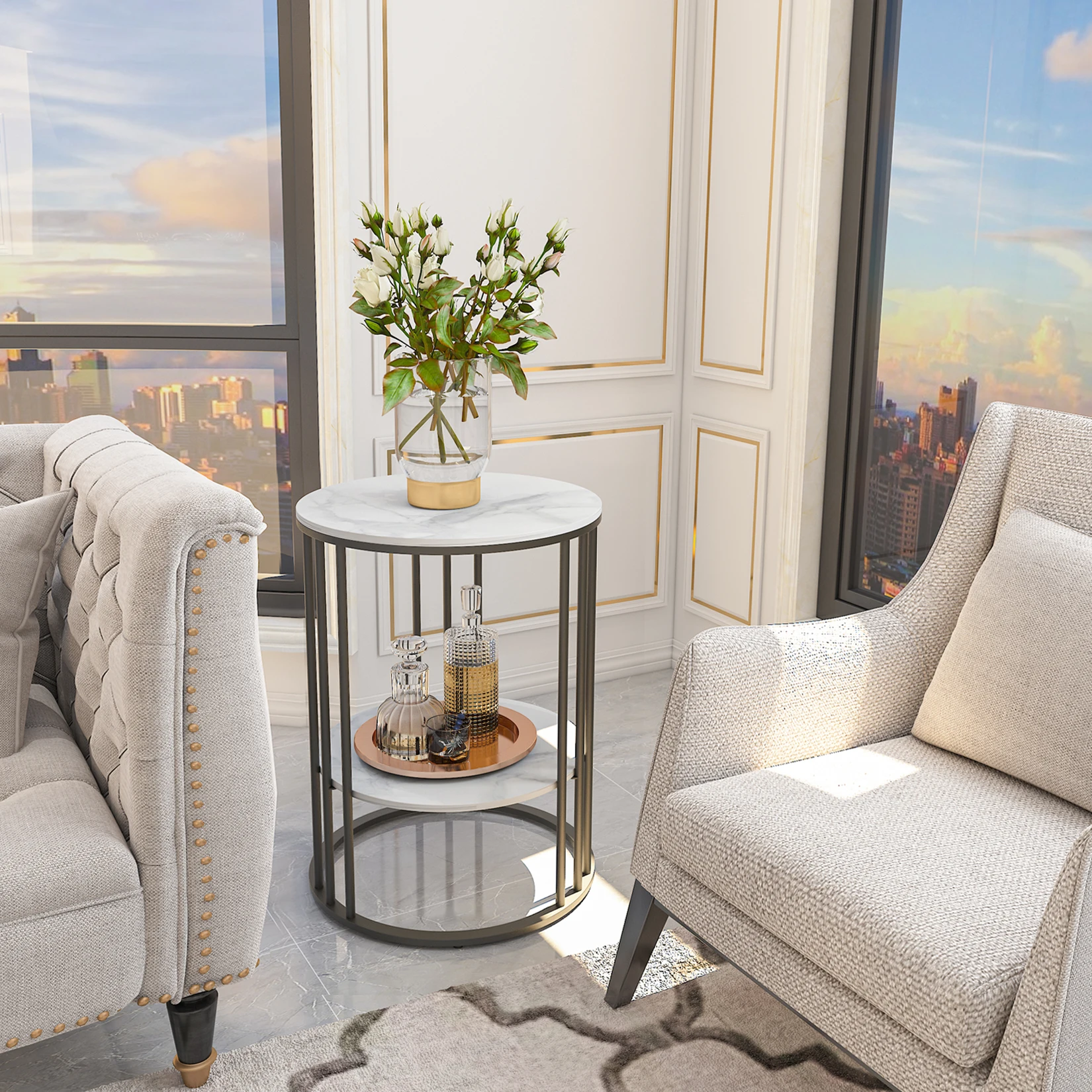 Runder Marmor Couch tisch Sofa Beistell tisch Wohnzimmer Wohn möbel Metallrahmen 3 Farben Image