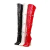 Frauen Sexy Kreuz Gebunden Oberschenkel Hohe Stiefel Spitz Dünne High Heels Über Das Knie Stiefel Patent Leder Schuhe Frau 33-46