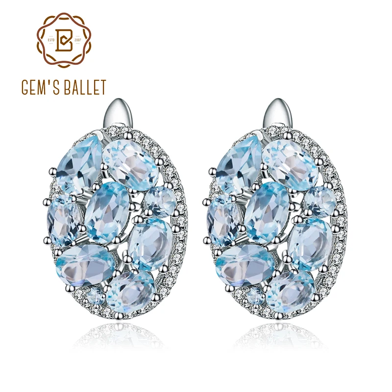 GEM'S BALLETT Natürliche Himmel Blau Topas Reine 925 Sterling Silber Oval Clip Ohrringe Frauen Geschenk Vintage Luxus Feine Kostüm Schmuck Image