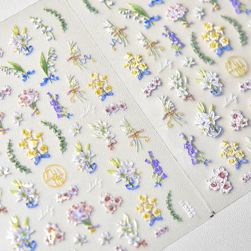 1pc hochwertige Fantasie bunte Lilie Lotus Orchidee Blatt Nagel aufkleber 5d weich geprägte selbst klebende Nail Art Dekoration Aufkleber Image