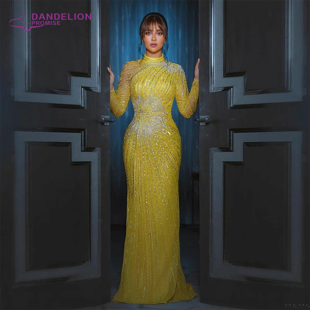 Luxury Yellow Mermaid Evening Dresses For Women 2021 Beading High-Neck Long Sleeves Handmade Formal Party Gowns