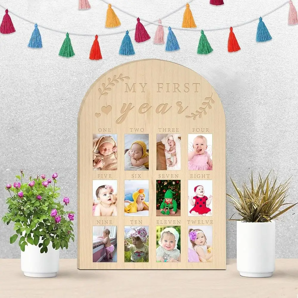 Fotodisplay „Mein erstes Jahr“, Holzbrett, Fotorahmen für das erste Jahr des Babys, Meilensteinbrett, 12 Monate Baby-Bilderrahmen, 1. Geburtstag