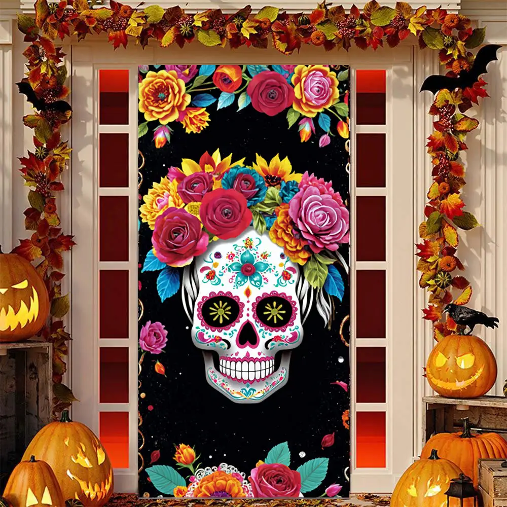 90X180CM Tag der Toten Photo Booth Party Requisiten Schädel Dia De Los Banner Fotografie Hintergrund Urlaub Halloween Schädel tür Cov Image
