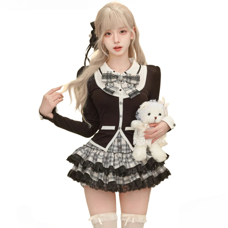 Gothic Y2k Frauen 2-teilige Sets süße Schleife lange Ärmel Strickjacke Mantel Rüschen karierten Minirock weibliche koreanische Mode Lolita Outfits Image