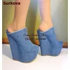 Surkova Blue Denim Keil absatz Slip-On Hausschuhe hohe Plattform Frauen Sandalen sexy Nachtclub Kleid Schuhe Größe 46 Pumps Panto letten