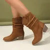 Frauen Plissee Stiefeletten Mit Hohen Absätzen 2024 Herbst Neue Spitz Braun Cowboy Stiefel Frau Pu Leder Botas Schuhe Plus Größe 42