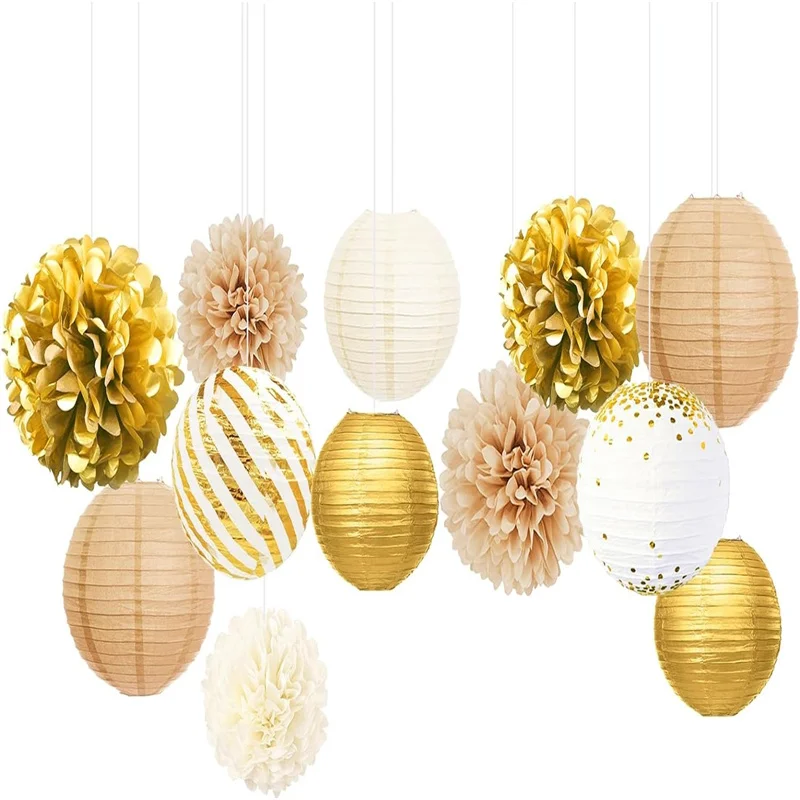 11 Stück Gold Champagner Seidenpapier Pompons Laternen für Geburtstag Abschluss Baby party Braut Abschluss ball Festival Party Dekoration Image