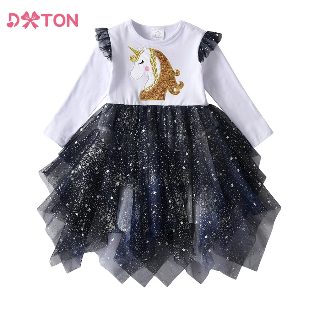 DXTON Pailletten Einhorn Kinder Kleider Unregelmäßige Mesh Tutu Röcke Fliegende Ärmel Prinzessin Kleid Für Mädchen Herbst Winter Kleidung Image