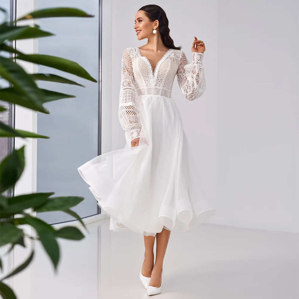 Customized Short Boho Wedding Dress Lace Long Sleeve Modern Midi Bridal Gown V Neck Illusion Back Tea Length Summer Wedding Gown