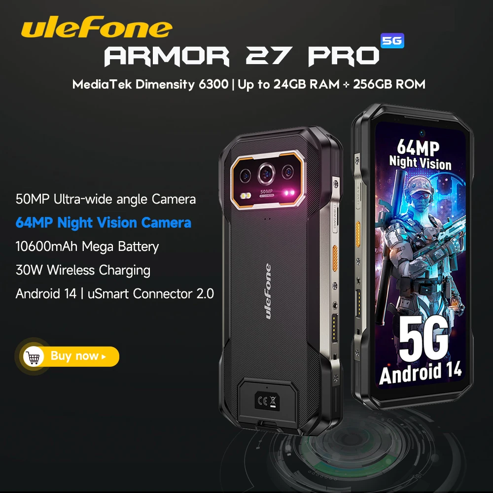 Ulefone Armor 27 Pro 5G Robustes Telefon 10600 mAh Smartphone Android 14 50 MP + 64 MP Nachtsichtkamera Bis zu 24 GB + 256 GB NFC Image