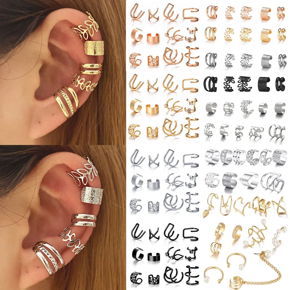 10-teiliges Blätter-Clip-Ohrringe für Frauen, Roségold, Farbe, kreativ, einfach, C-Ohrstulpe, nicht durchdringend, Ohrclips-Set, Trend-Schmuck, Geschenk Image