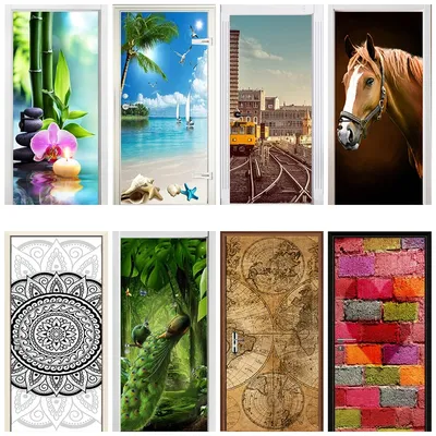 3D Landschaft Stadt Wandbild Tür Aufkleber entfernbare Tapete Vintage Zeichnung Wand kunst volle Tür Wrap Cover DIY Aufkleber geschnitten 2 stücke Image