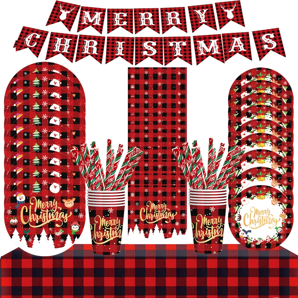 Weihnachten Einweg geschirr Set Weihnachten rot Gitter Papp teller Tassen Servietten Tischdecke Frohe Weihnachten Dekoration Image