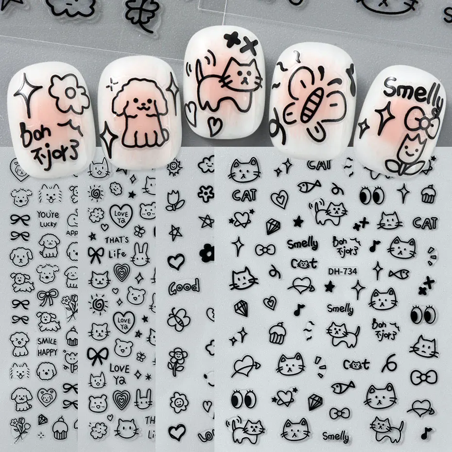4 stücke Cartoon Nette Katze Nail art Sliders 3D Graffiti Hund Kaninchen Herz Stern Nagel Aufkleber Kawaii Blume Schmetterling Bogen maniküre Aufkleber Image