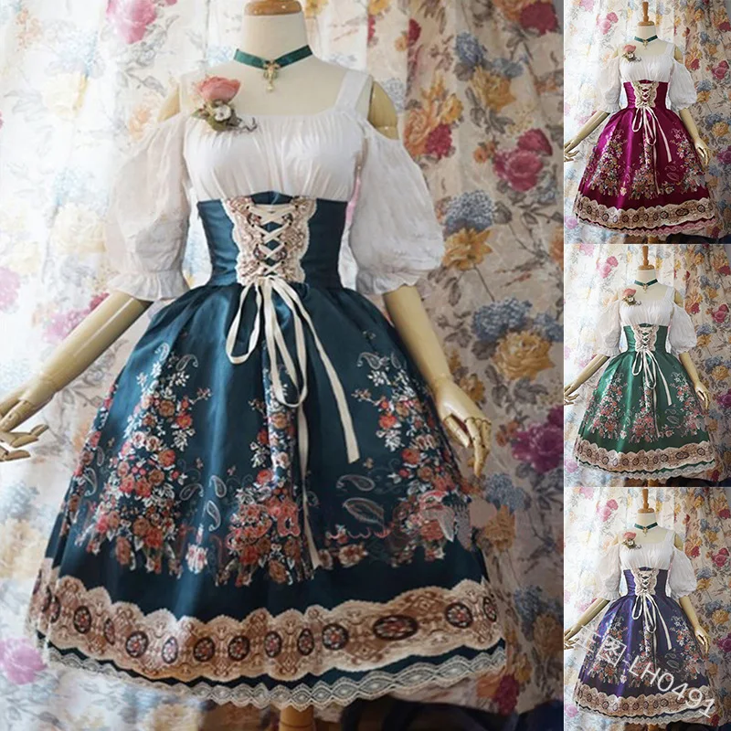 Plus Größe Frauen Kleid Off Schulter Lolita Stil Gothic Kleid Cosplay Kleid Vintage Gedruckt Puff Hülse Verband Kleid