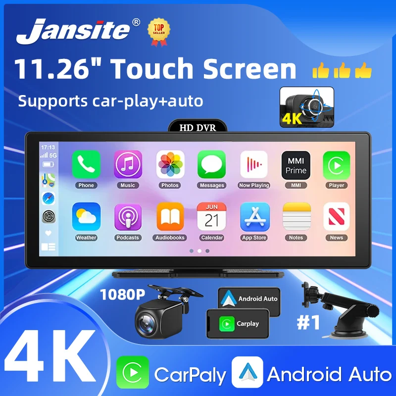 10/11,26 Zoll 4K DVR Wireless CarPlay & Android Auto Dash Cam Bluetooth Audio GPS Navigation Dashboard Dual Objektiv Video Recorder