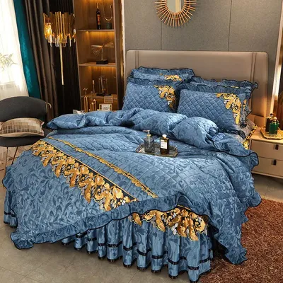 RainFire 4 Pcs Thickened Duvet Cover Golden Spike Lace Bed Skirt Embroidery Solid Cotton Bed Spread Velvet Warmth Bed Spread Set