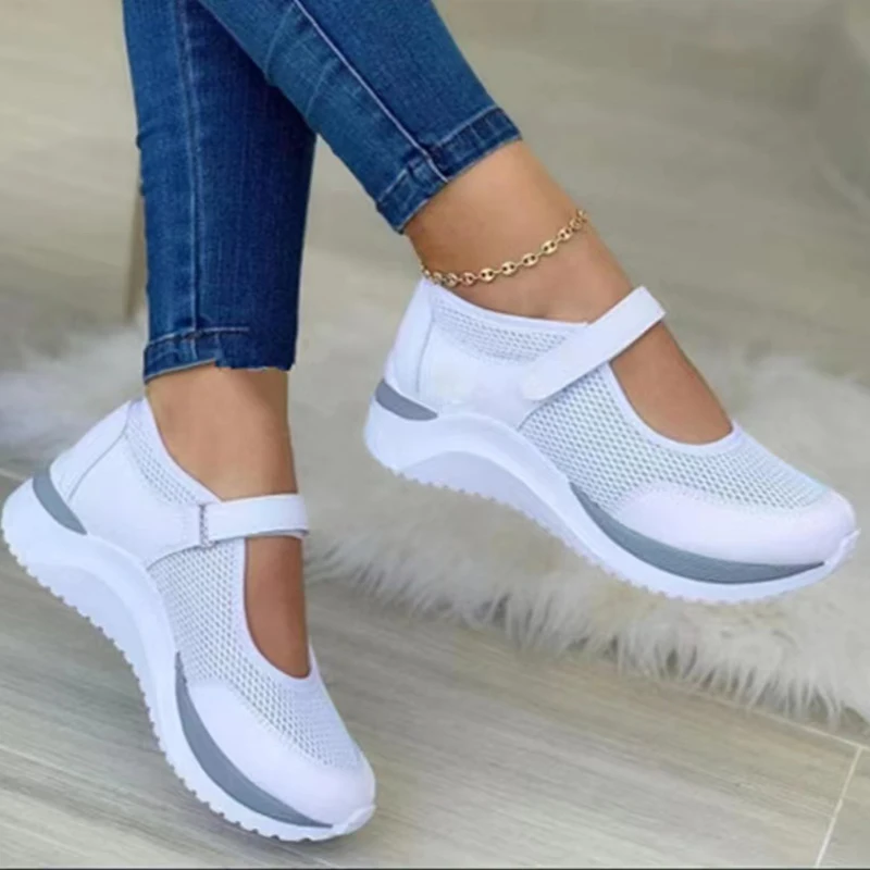 Runder Kopf gestrickt Damen dicke Sohle Einzelschuhe Damen große Größe 36-43 Gitter lässige Damenschuhe Sneakers Damen