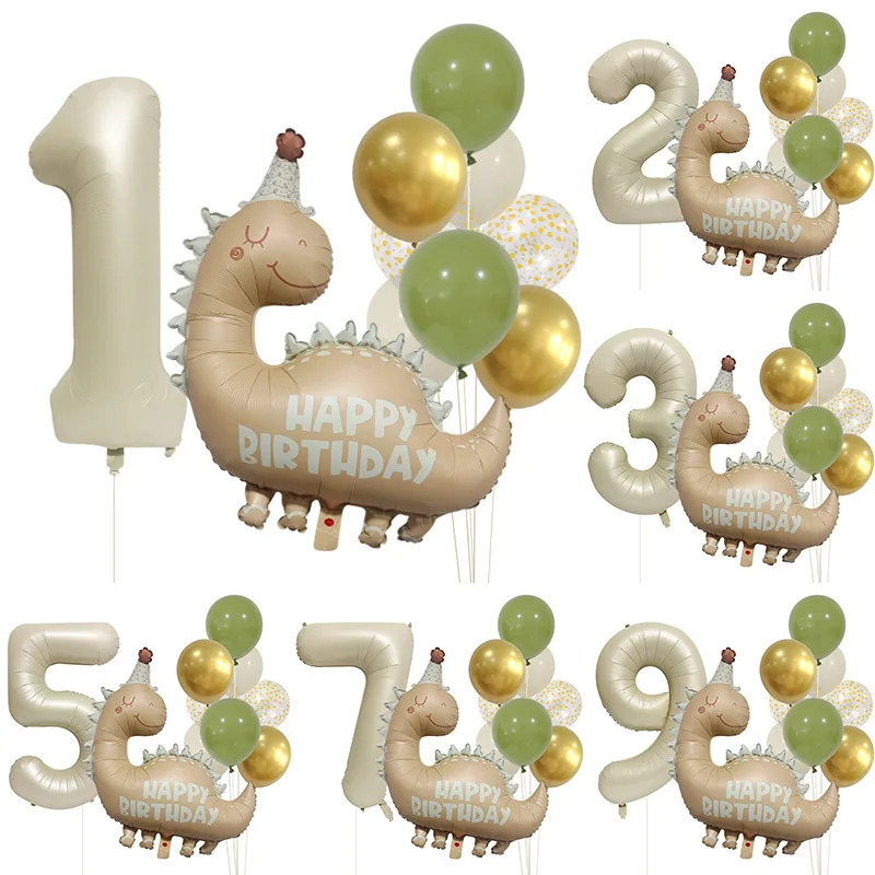 10 stücke Retro Matte Karamell Farbige Dinosaurier Aluminium Folie Anzahl Ballon Set Glücklich Geburtstag Party Decor Hintergrund Foto Prop Image