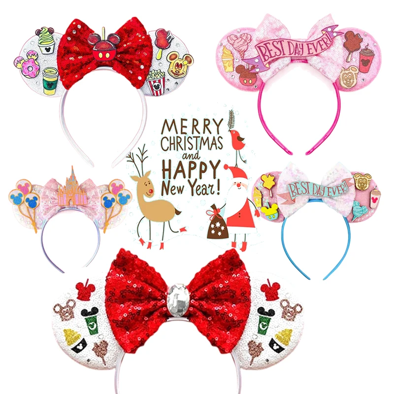 Weihnachten Mickey Mouse Ohren Stirnband Mädchen Frauen Süßigkeiten Haar bänder Weihnachts baum Haarschmuck Kind Pailletten Disney Kopf bedeckung Image