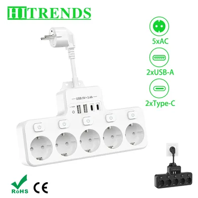 EU KR Stecker Steckdosenleiste 5-Wege-AC-Steckdosen mit 2 USB 2 Typ C Mulit-Stecker Multicontact-Steckdose Wand für Home Office Image