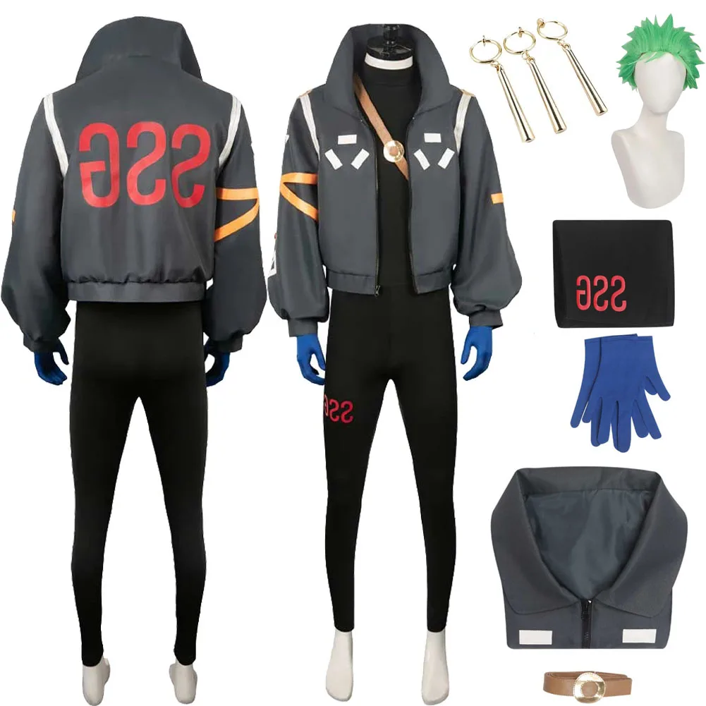 Roronoa Zoro Fantasia Egghead Insel Cosplay Kostüm Verkleidung Perücke Ohrringe für erwachsene Männer Jacke Overall Halloween Karneval Anzug Image