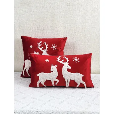 1 Stück roter niederländischer Samt Weihnachtshirsch exquisite Stickerei Kissen Kissenbezug, Image