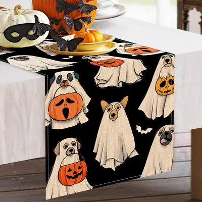 Ghost Dog Table Runner Halloween Lantern Pumpkin Bat Kitchen Dining Table Decoration Kitchen Dining
