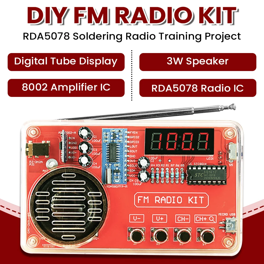 DIY FM Radio Elektronik Kit 50-108 MHz Einstellbarer IC RDA5807 mit LED-Digitalanzeige DIY Lötkit 3 W Lautsprecher Dual Power Image