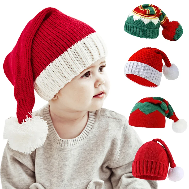 Weihnachten Baby Hut große Pompon Strick mütze für Jungen Mädchen grün rot Winter warm Säugling Motorhaube Kinder Weihnachten Geschenk Babys Zubehör Image