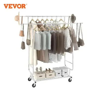 VEVOR Clothing Garment Rack Heavy Duty Clothes Rack Adjustable Length Clothes Rack w/ Bottom Shelf &