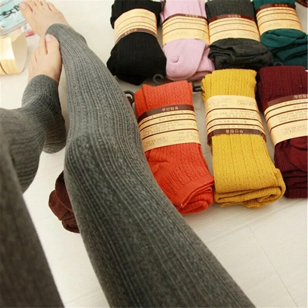 Frauen Mode Wolle Hosen Damen Warme Dicke Chunky Zopf Gerippte Gestrickte Leggings Dünne Wolle Hosen Gerippte Gestrickte Socken Image