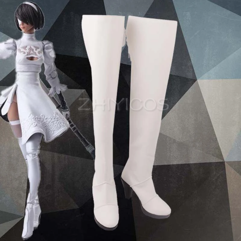 Neues Spiel Nier Automata Cosplay Schuhe YoRHa 2B Knielange PU-Leder Cosplay Stiefel Weiße High Heels Schnürgröße 35-47