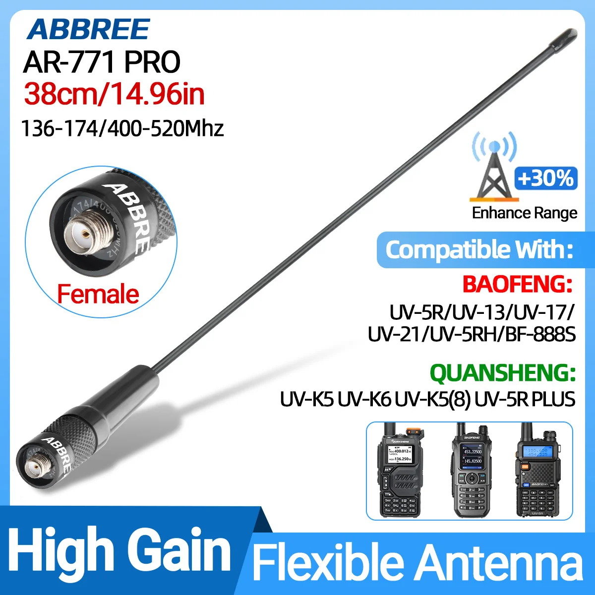 ABBREE AR-771 PRO SMA-Buchse VHF UHF Dualband-Antenne für Walkie-Talkie Baofeng UV-5R UV-21 k6 Quansheng UV K5 (8) Amateurfunk Image